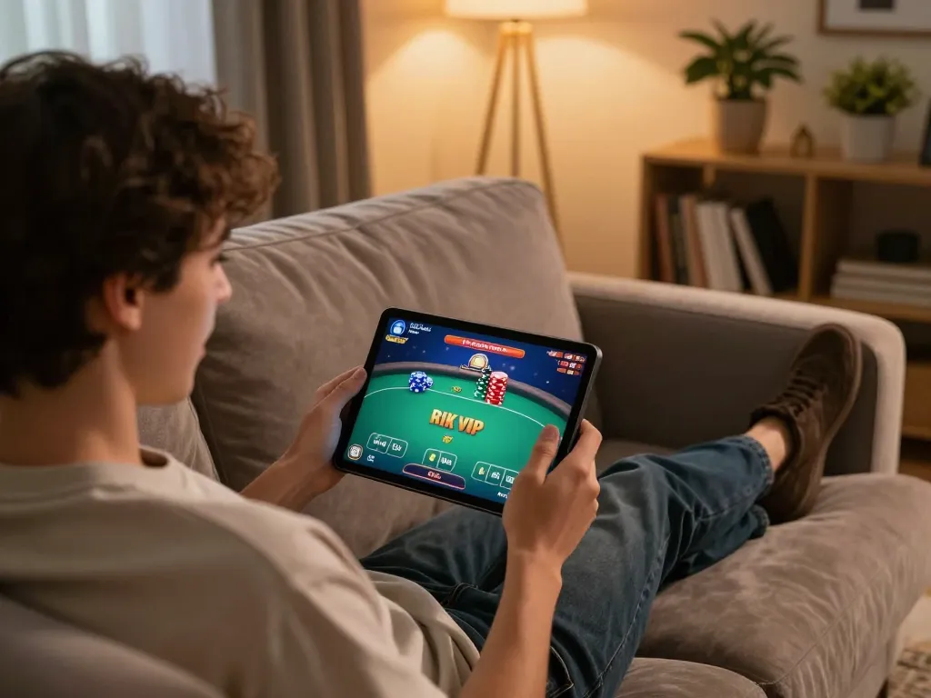 Player enjoying rich poker action on rik vip app from cozy home setting.