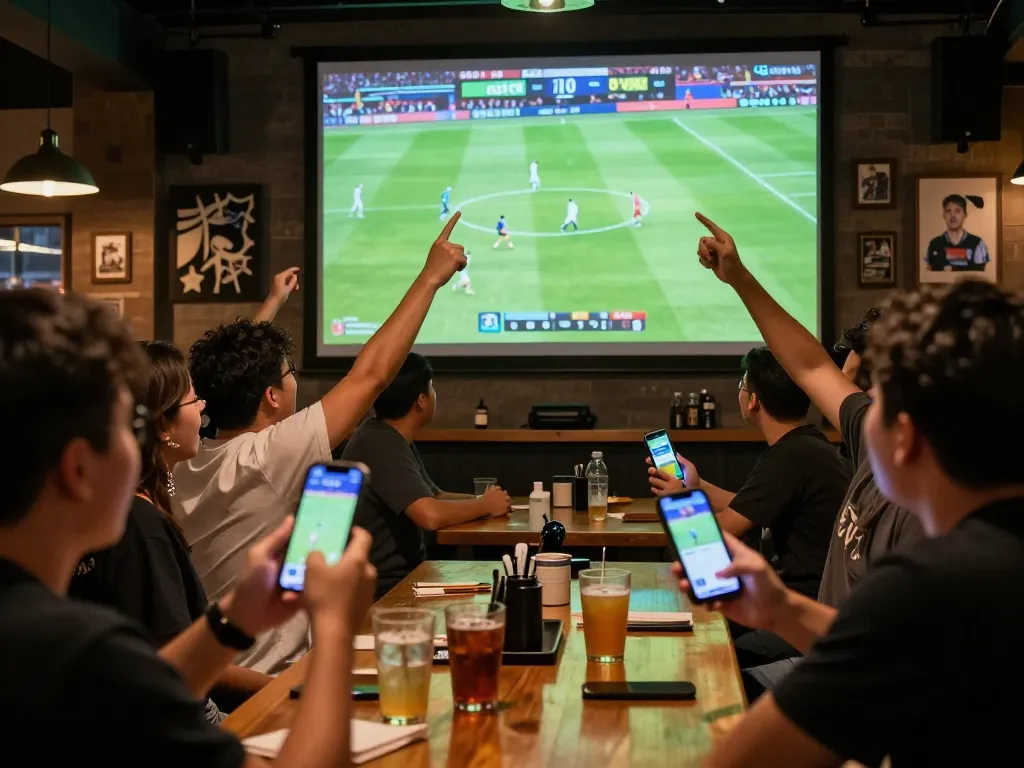Cheering fans engaging in sports betting on nhà cái MAY88 while watching a live football match