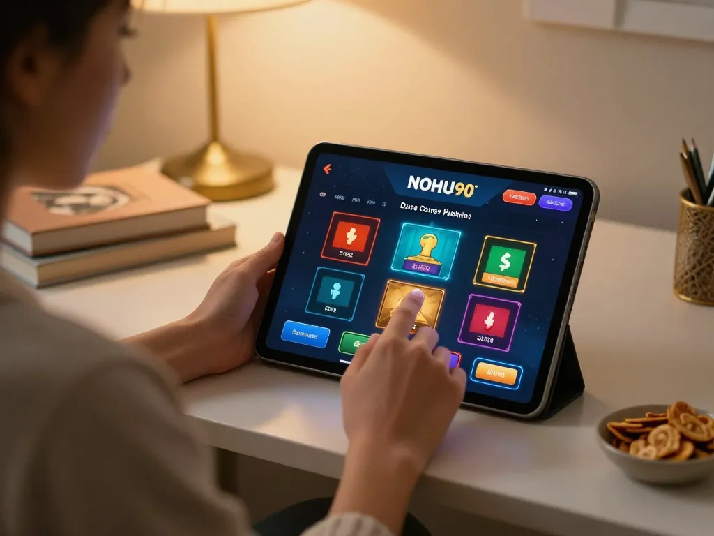 Player enjoying NOHU90 online casino platform while relaxing at home.