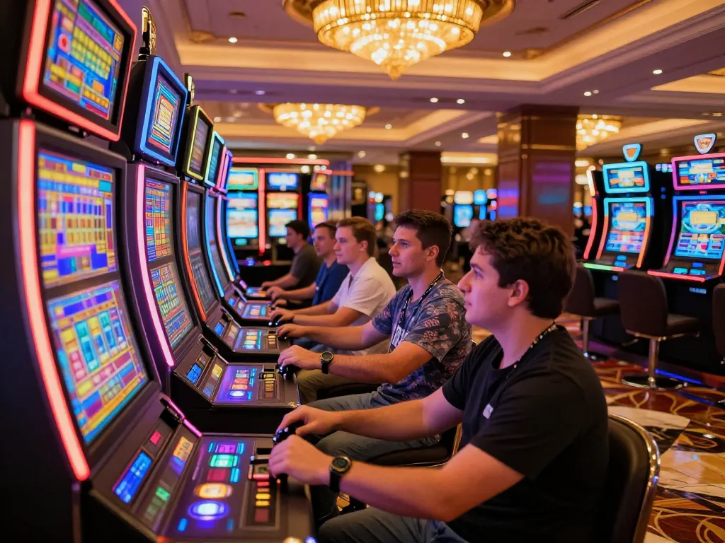 Experience the excitement of gaming at MMOO's colorful slot machine area.