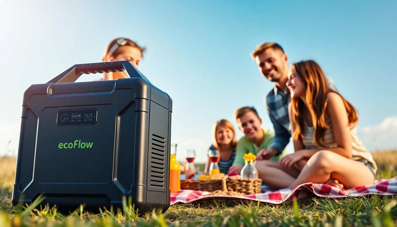 EcoFlow power station powering a family picnic in a beautiful outdoor setting.