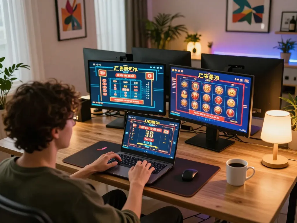 Person engaged in online gaming at home, enjoying SX88T1 casino experience with laptop and vibrant atmosphere