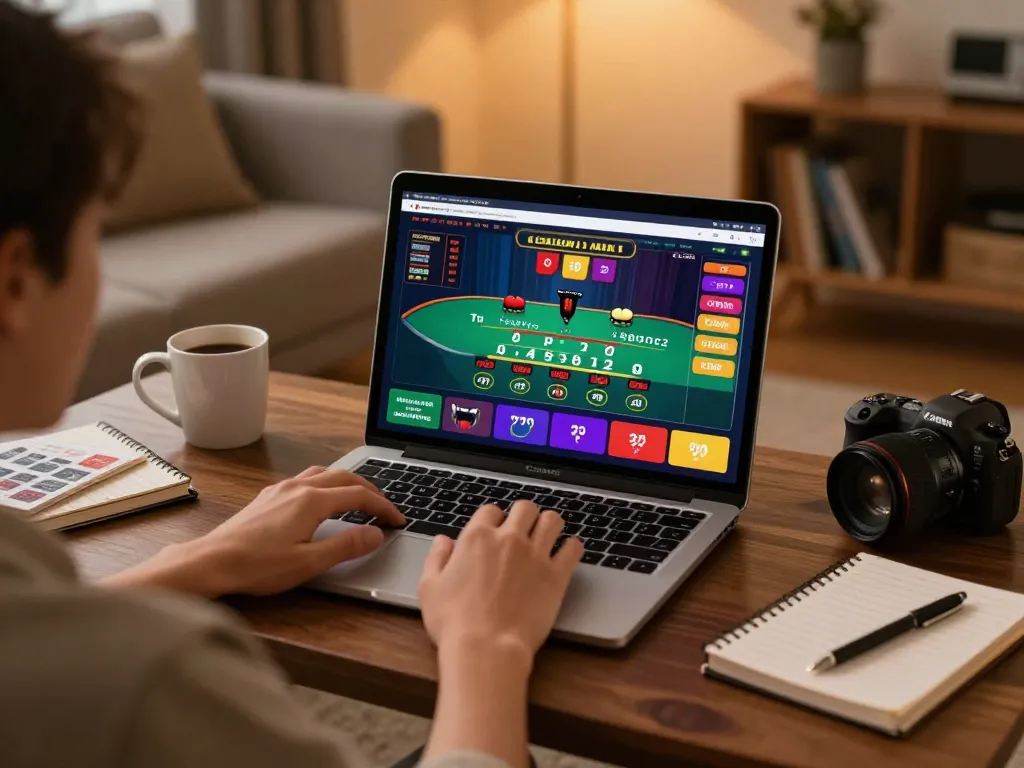 Player enjoying sanclub blackjack online with detailed game interface on laptop in cozy home setting