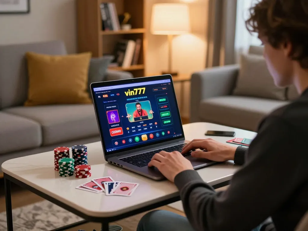 Player enjoying online games at vin777 on a laptop, surrounded by poker chips and strategy notes