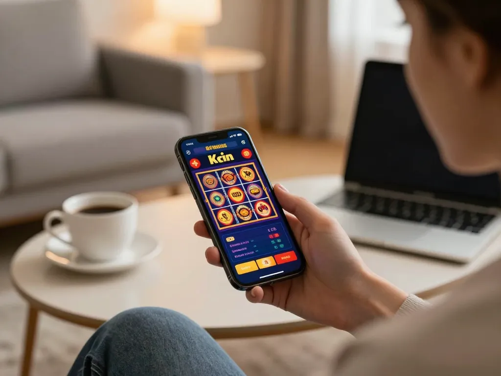 Engaging with kwin mobile app for online casino gaming, showcasing exciting slot graphics and modern setup.