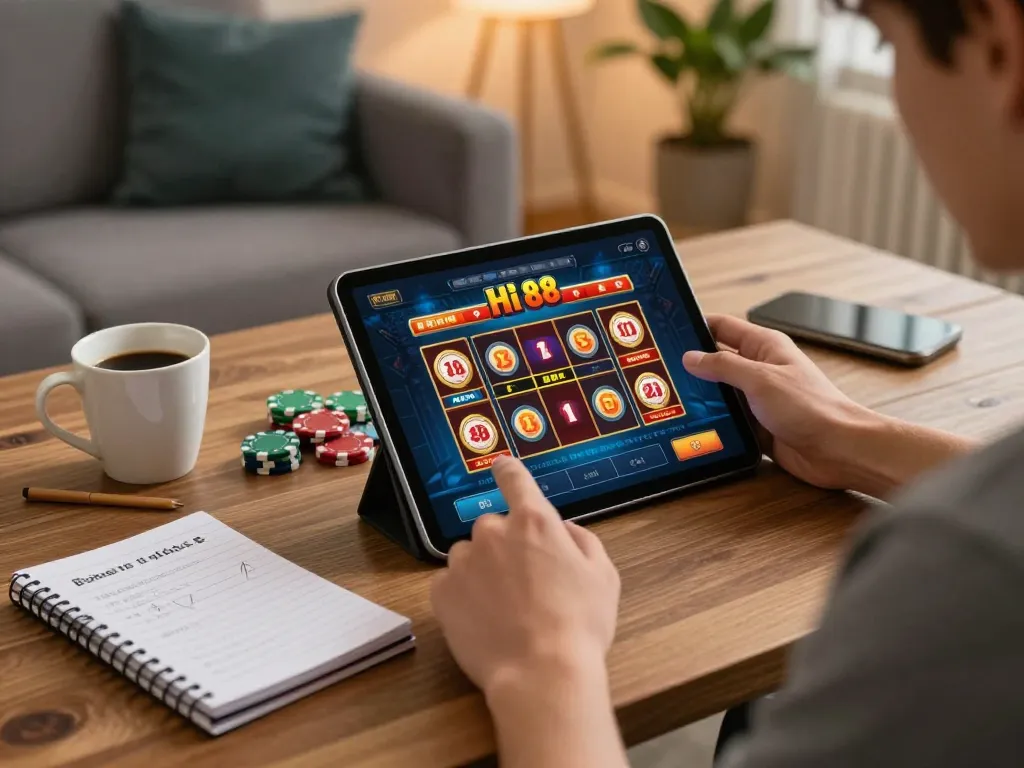 Player exploring Hi 88 app for casino gaming at home, showing strategy notes and gaming setup.