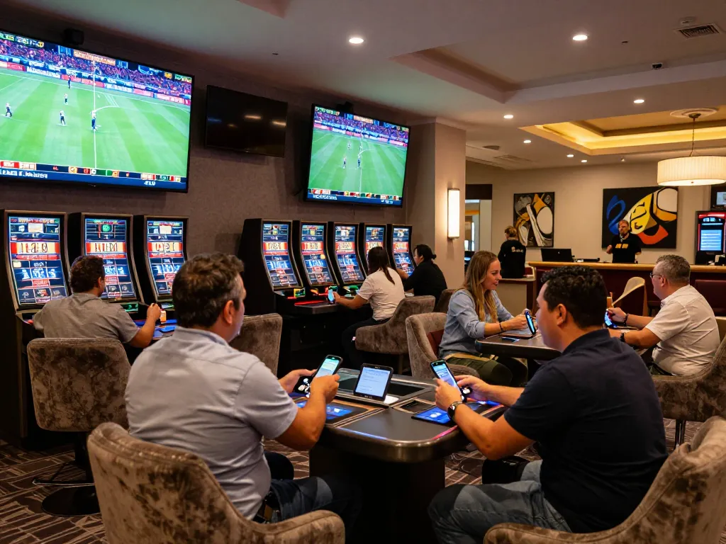 SIN 88 patrons engaging in exciting sports betting experience at a high-end casino lounge with live screens