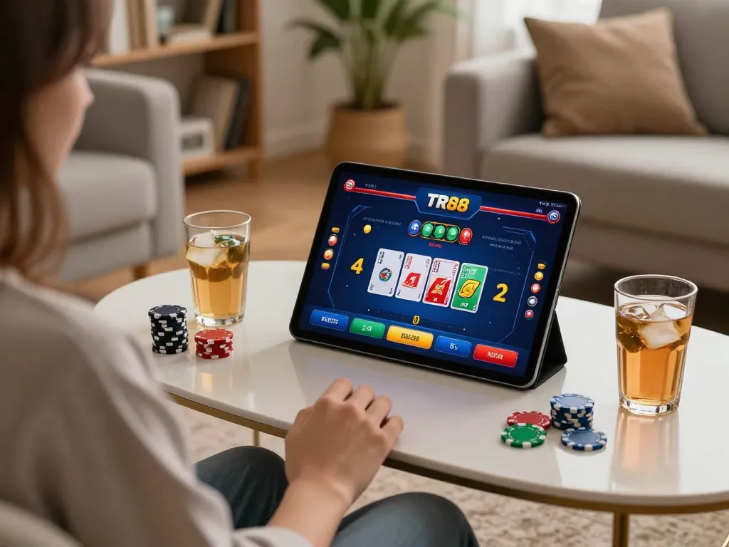 Engaging online TR88 casino gameplay on a tablet in a cozy living room setting.