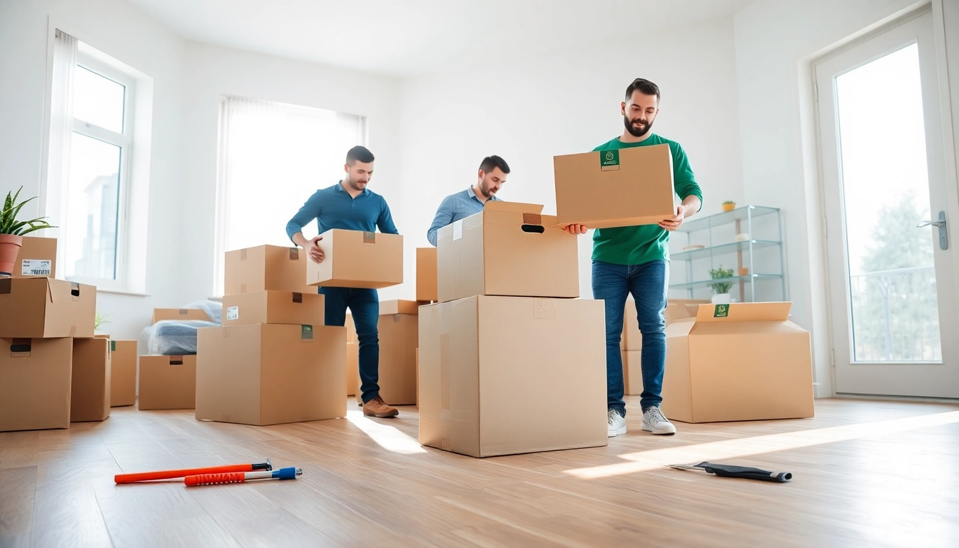 Skilled long distance movers Calgary organizing boxes in a bright home setting with teamwork.