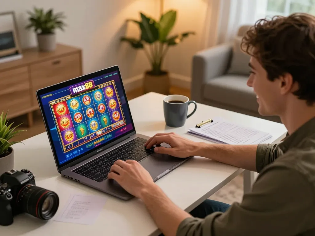 Max88 slots gameplay on a laptop highlighting strategic bankroll management in a cozy home setup.