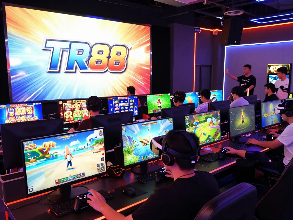Players enjoying diverse gaming experiences at TR88 with neon lights and engaging visuals.