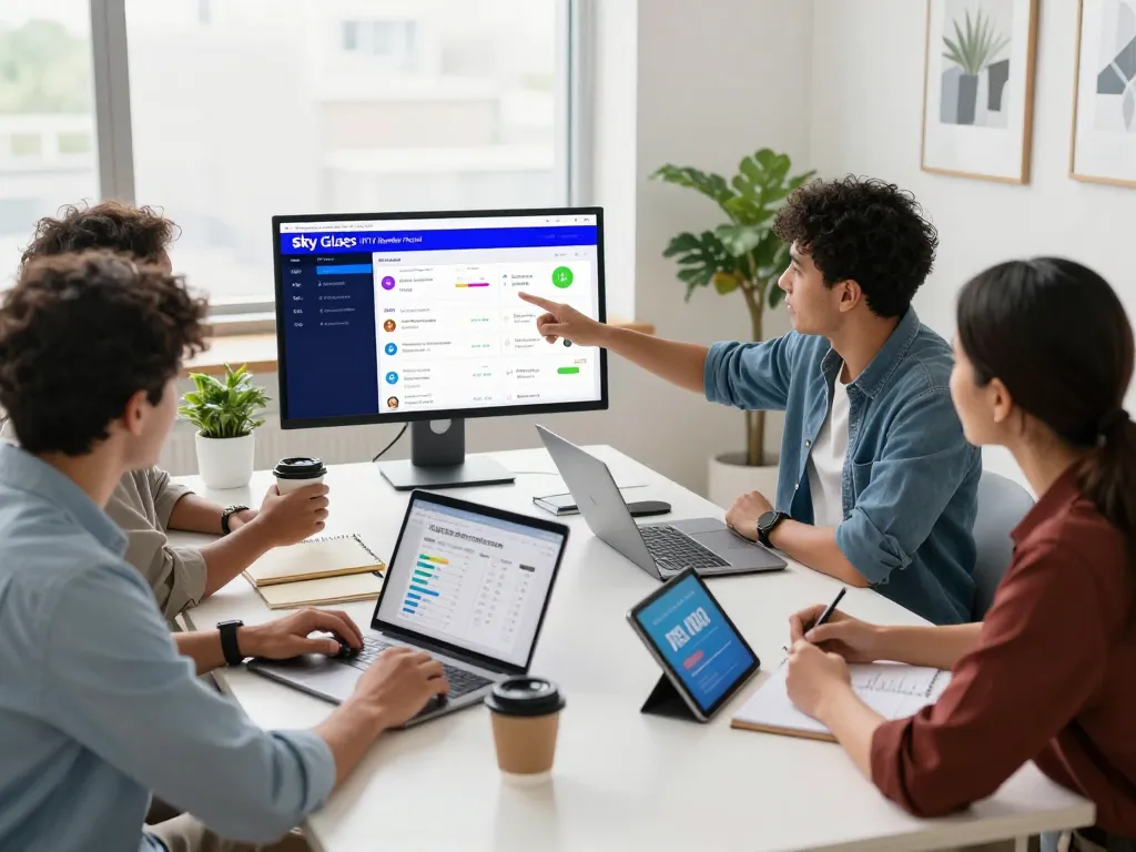 Collaboration in office discussing Sky Glass IPTV Reseller Panel strategies with digital devices.
