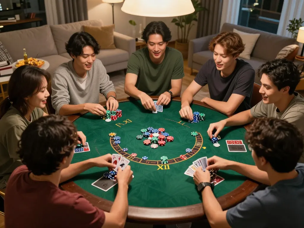Friends enjoying an engaging game featuring app tài xỉu online uy tín around a table, showcasing camaraderie and excitement.