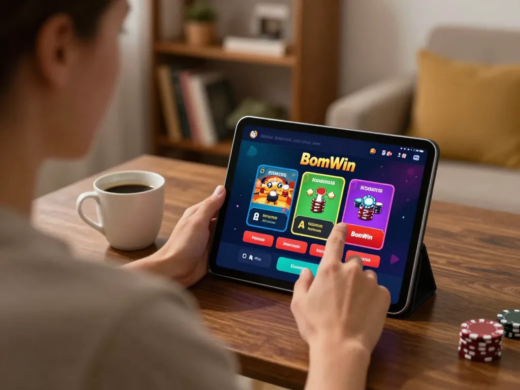 Player engaging in Bomwin online gaming, showcasing betting strategies and vibrant interface in cozy home setting