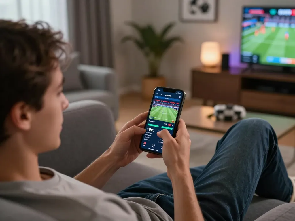 Engaging moment of a user placing bets on 1gom's sports betting app in a comfortable living room.