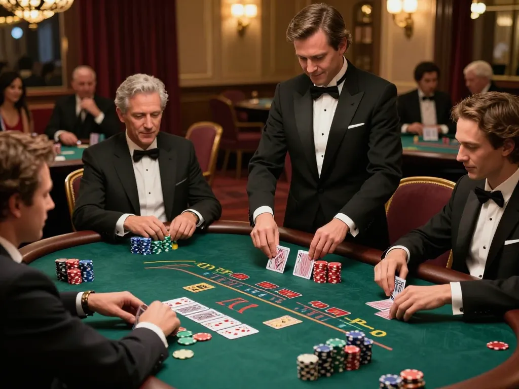 Kuwin players engaged in an intense blackjack game with a professional dealer in a glamorous casino atmosphere.