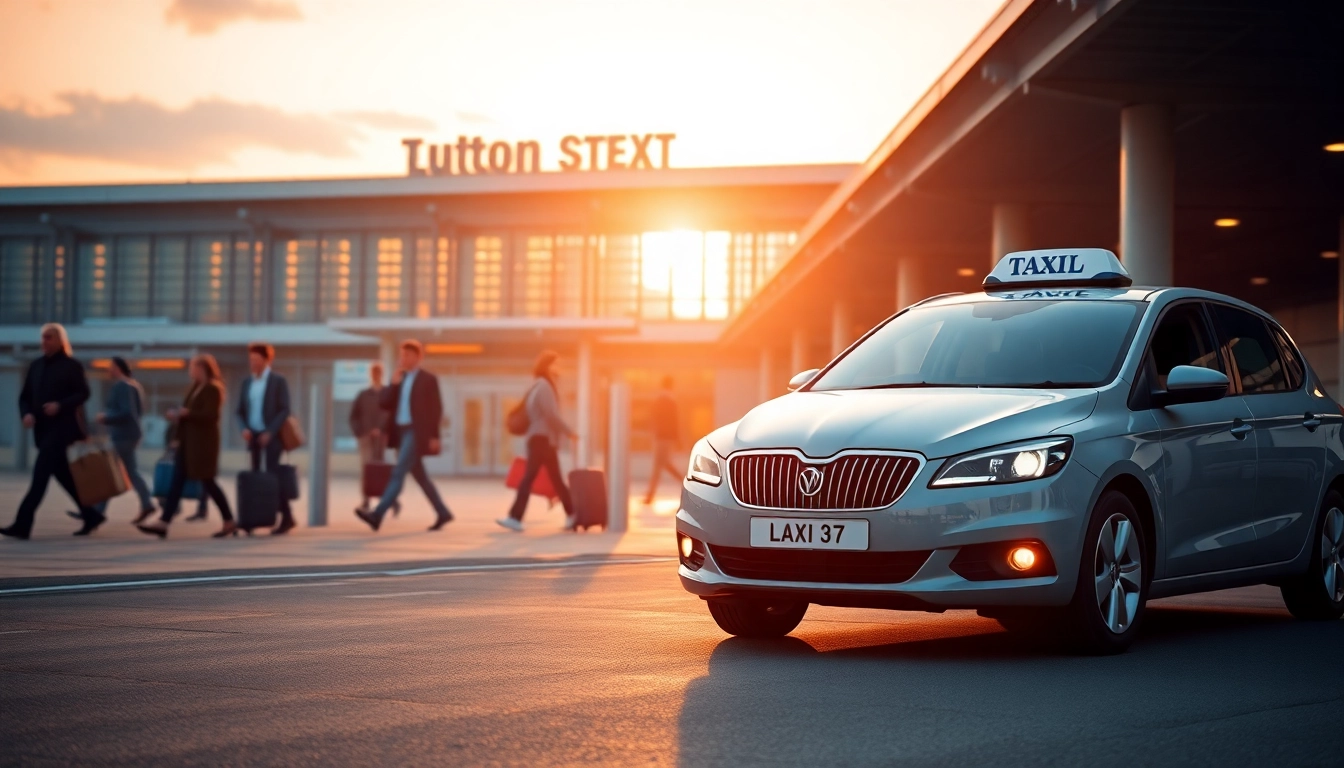 Taxi waiting at Luton airport with a beautiful sunrise backdrop.