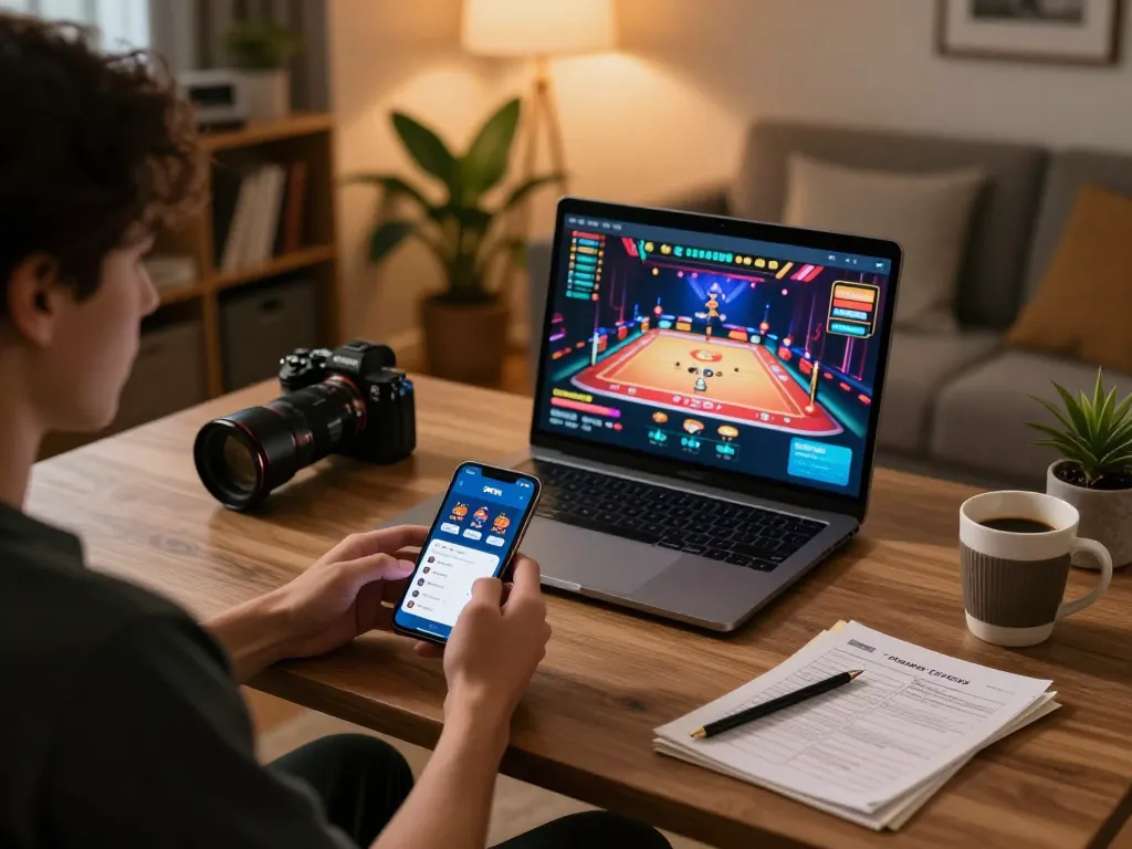 Player engaged with the 99Win app on smartphone during a cozy home gaming session