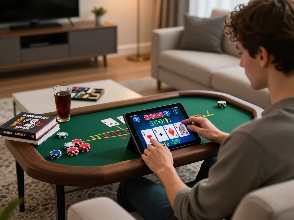 Player enjoying sc88 online blackjack game on tablet in a cozy home setting, showcasing responsible gaming atmosphere.
