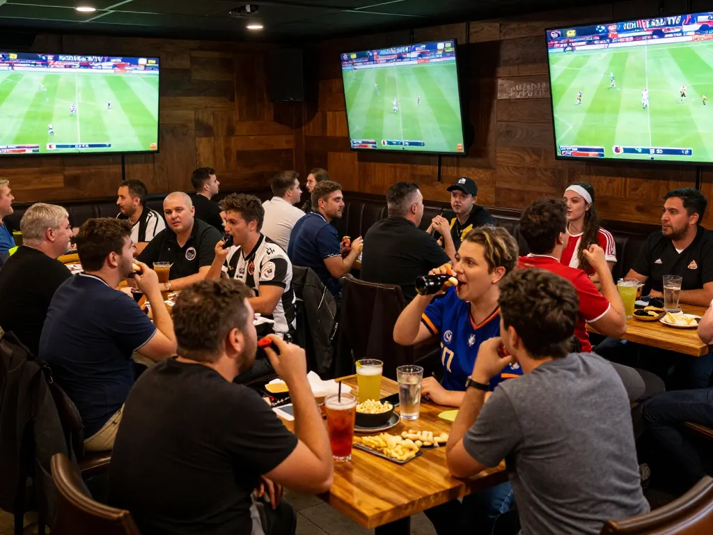 Cakhia TV streaming high-energy sports events, fans cheering in a vibrant sports bar