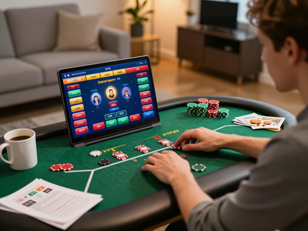 KONG88 player strategizing during an online poker game at home.