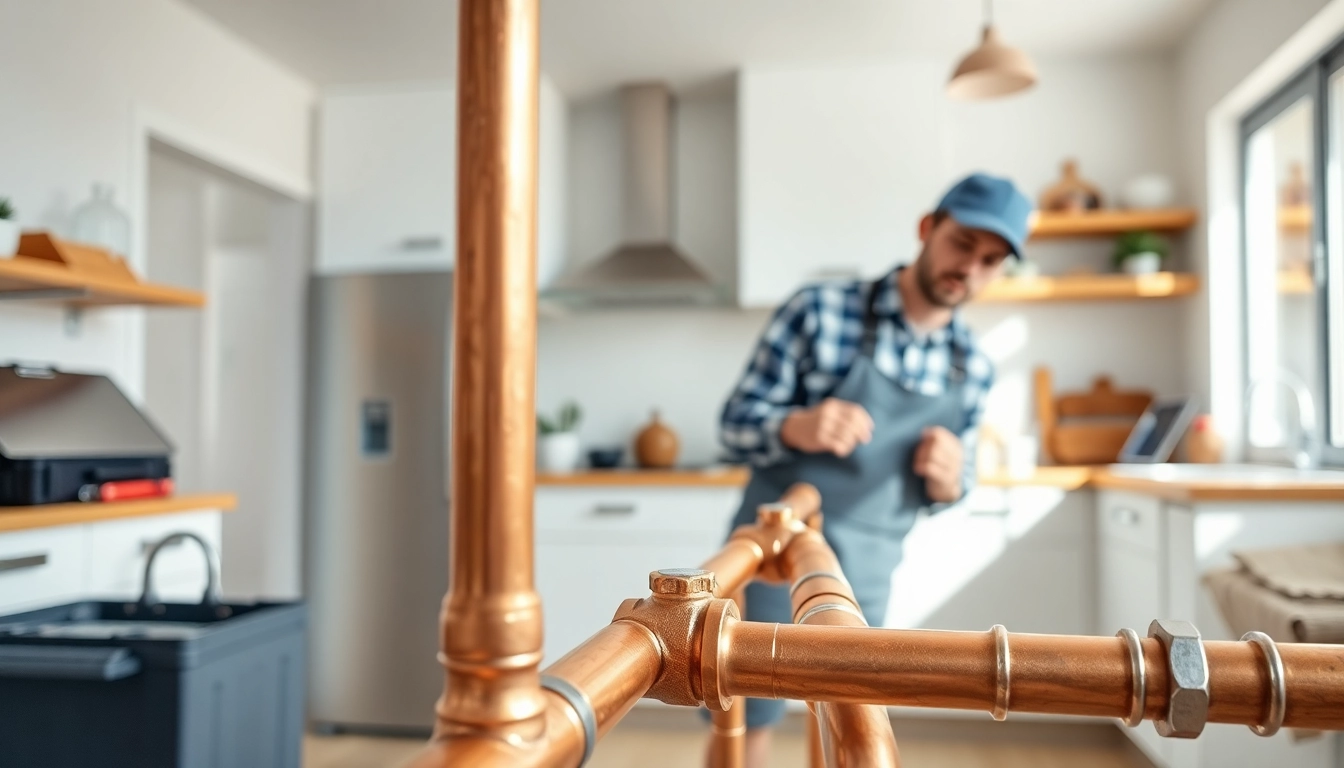 Skilled plumber demonstrating whole house repiping services Tampa with new pipes in a modern kitchen.