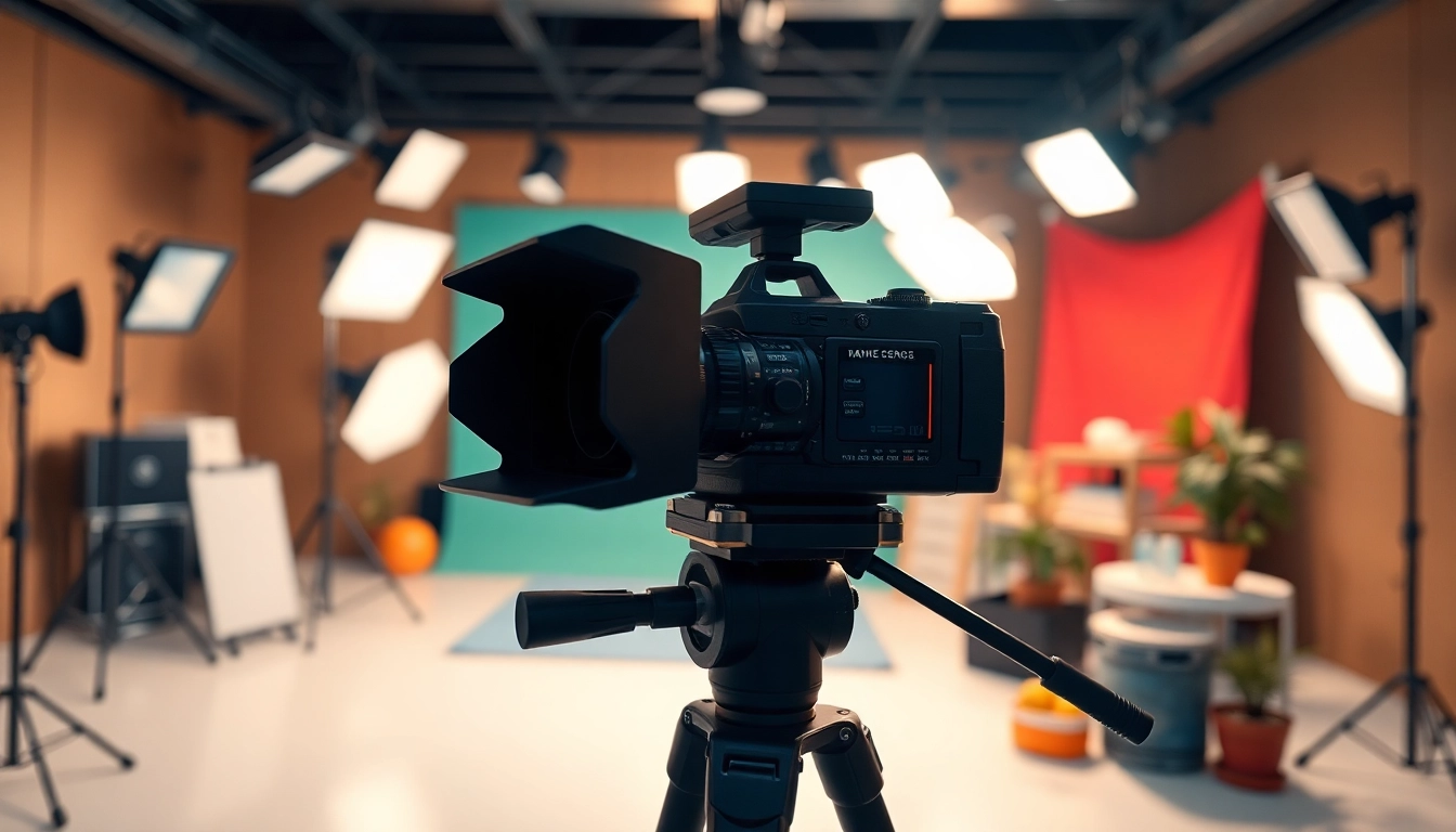 Video Production setup showcasing a camera on tripod inside a bright studio.