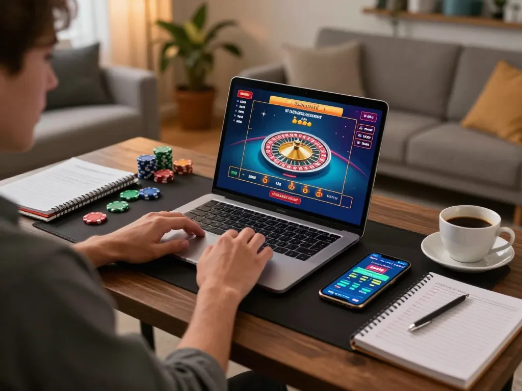 Player engaging in online live dealer game at home with ve88 strategy notes and warm ambiance