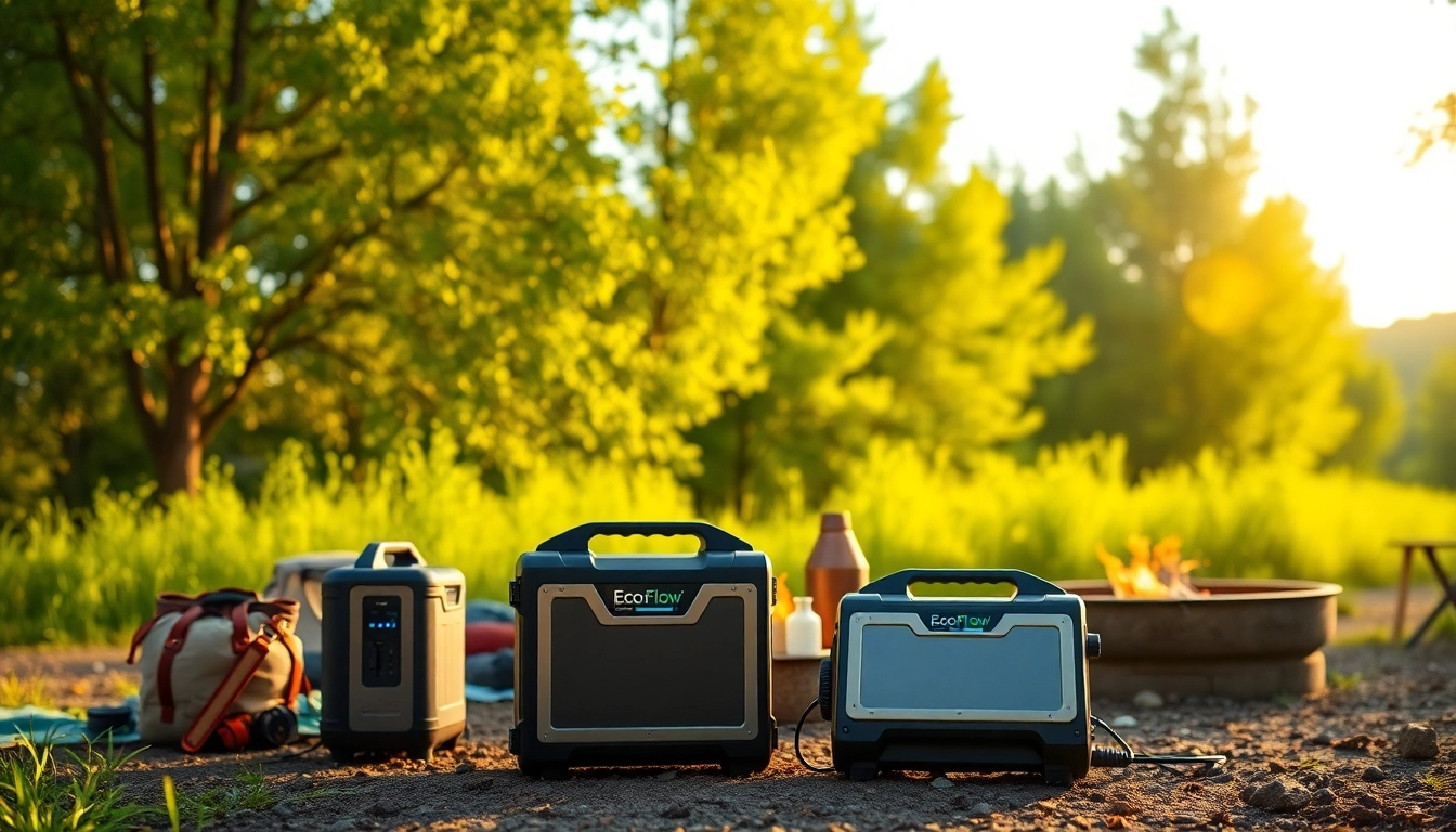 EcoFlow solar generators power camping setup amidst natural surroundings.