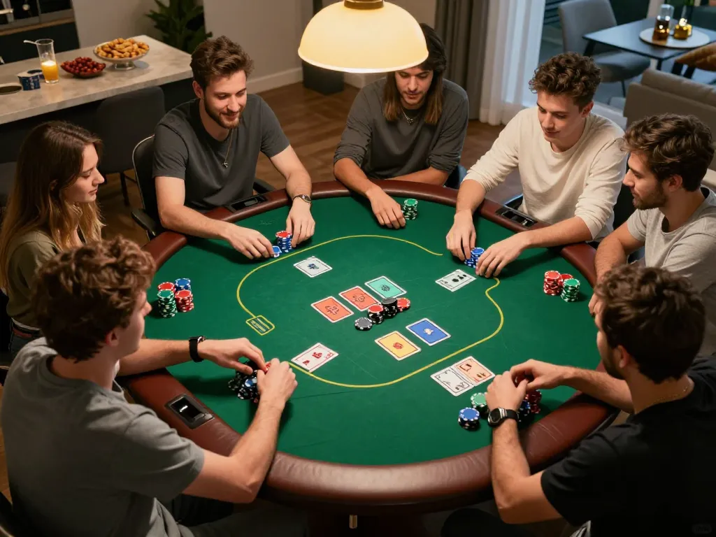 Friends enjoying a fun poker game night at home with mu 88, vibrant atmosphere and engaging gameplay.