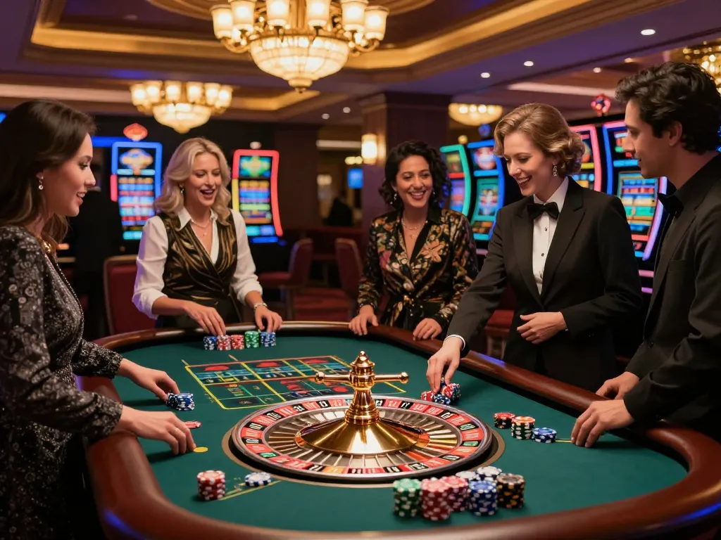 Players enjoying a thrilling game of roulette at GA88 casino venue, vibrant chips and spinning wheel create an exciting atmosphere.