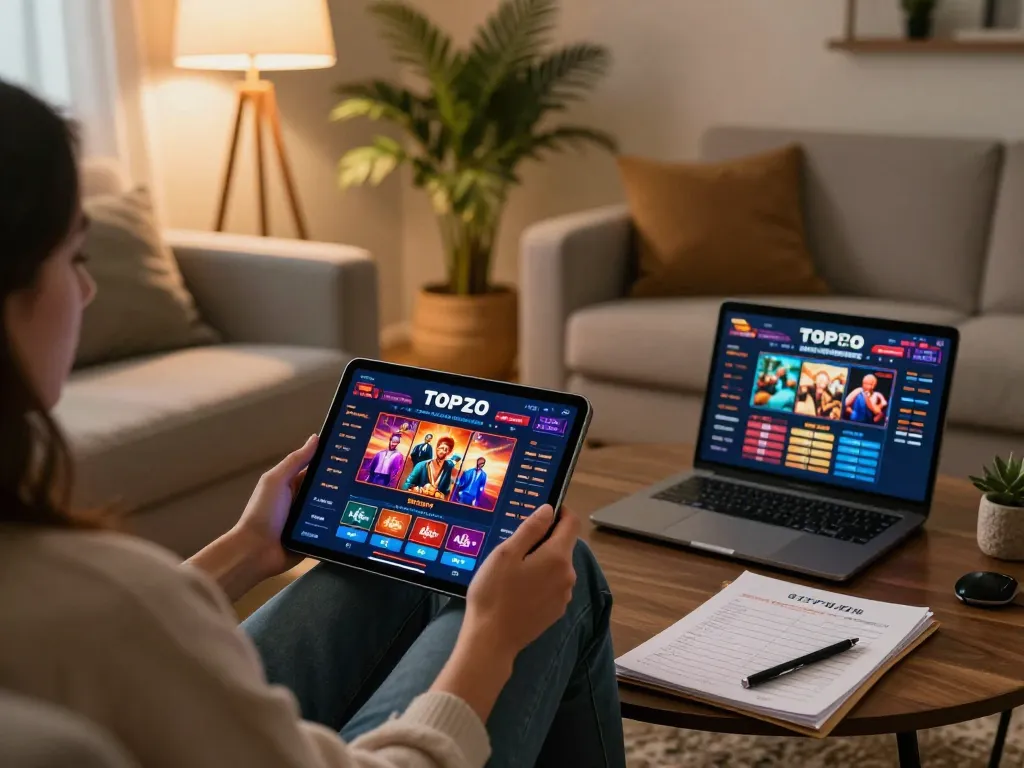 Gambling on Topzo: A player enjoying a casino app on a tablet in a cozy home setup