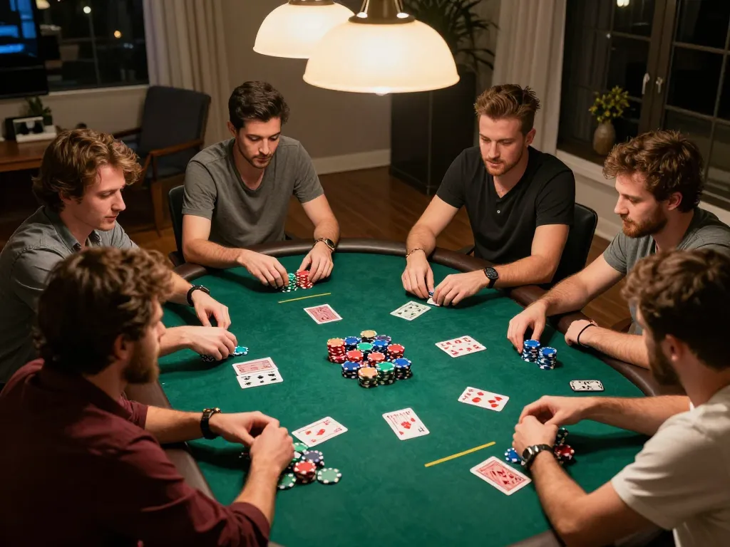 BET168 players enjoying an intense poker game at home, showcasing competitive strategy and lively social interaction.