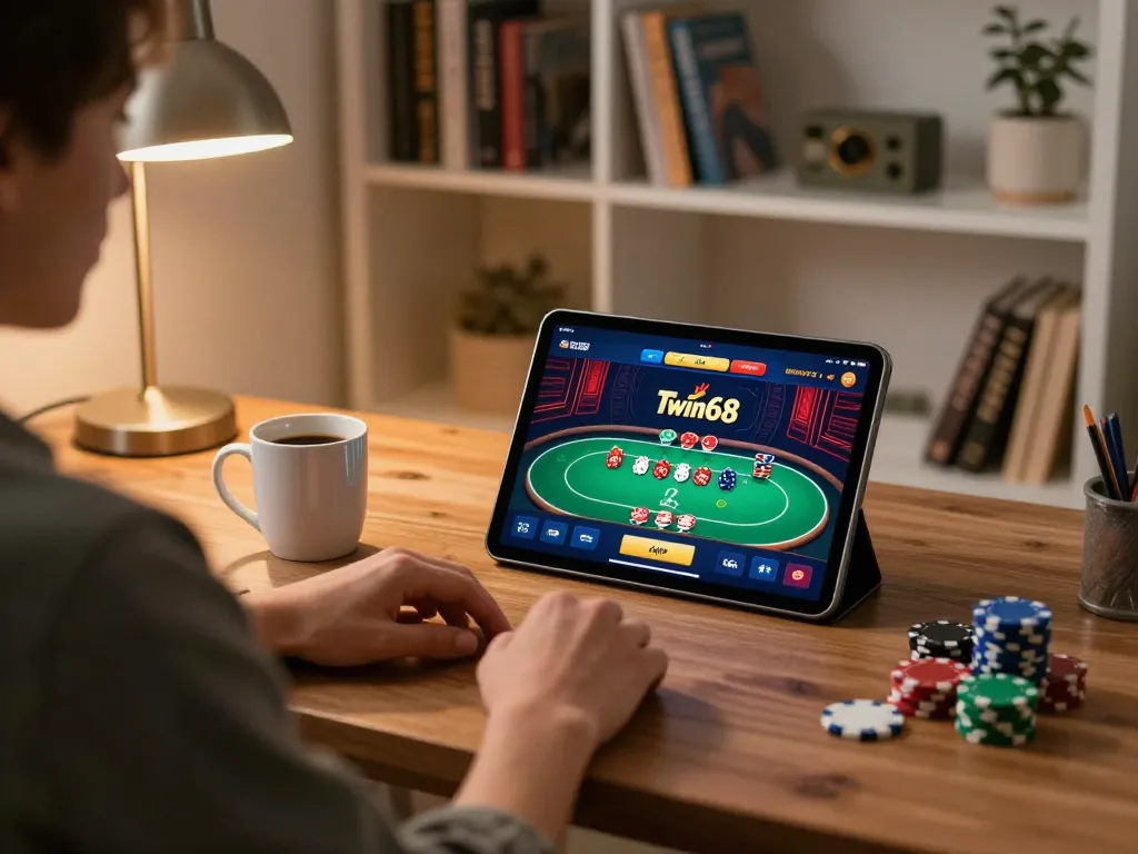 Twin68 online gaming experience with a player engaging in poker on a tablet at home, highlighting modern gambling.