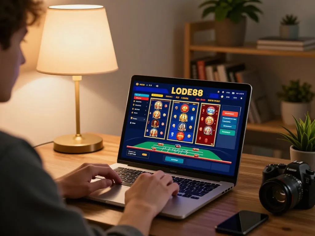 Player enjoying LODE88 online gaming while strategizing in a cozy home setting.