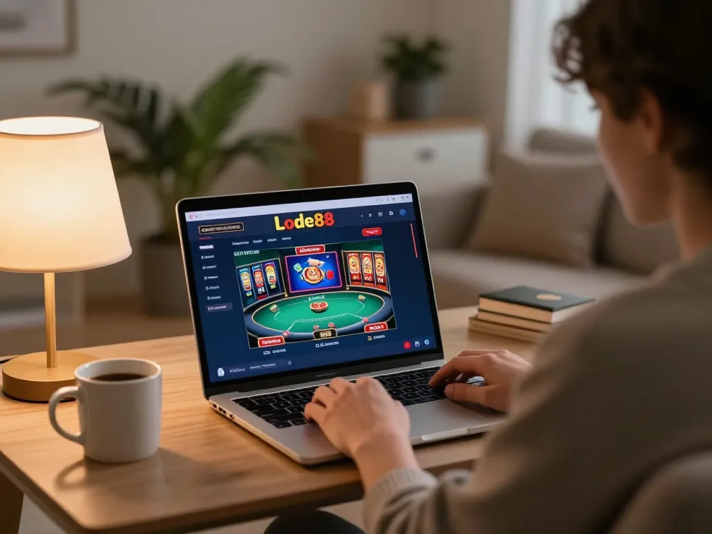 Lode88 poker gameplay displayed on a laptop in a cozy home setting, emphasizing online gambling experience.