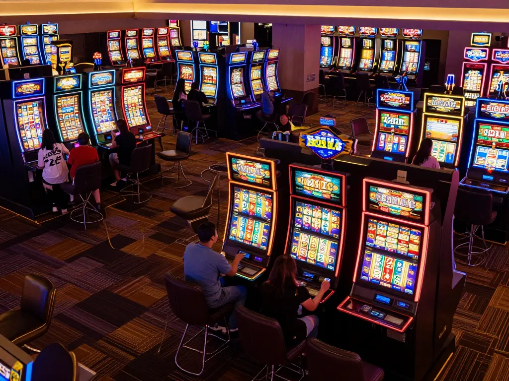 Players enjoying Slot Malaysia gaming in a lively casino atmosphere with colorful slot machines.