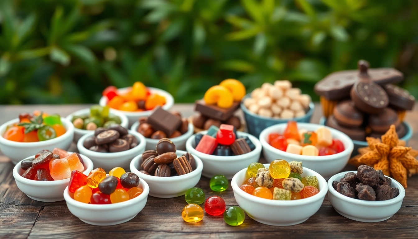 Indulge in THC / CBD Infused Edibles UK offerings with an array of colorful gummies and chocolates.