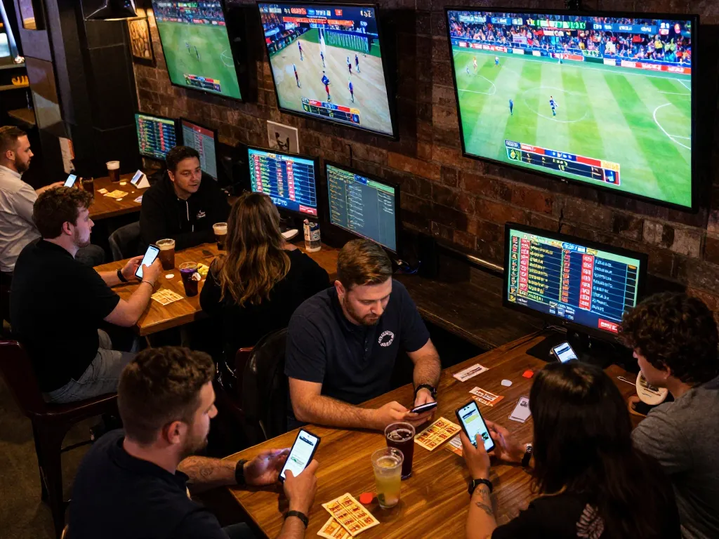 Engaged sports bettors analyzing bets and live games at a sports bar, highlighting va88 app on phones