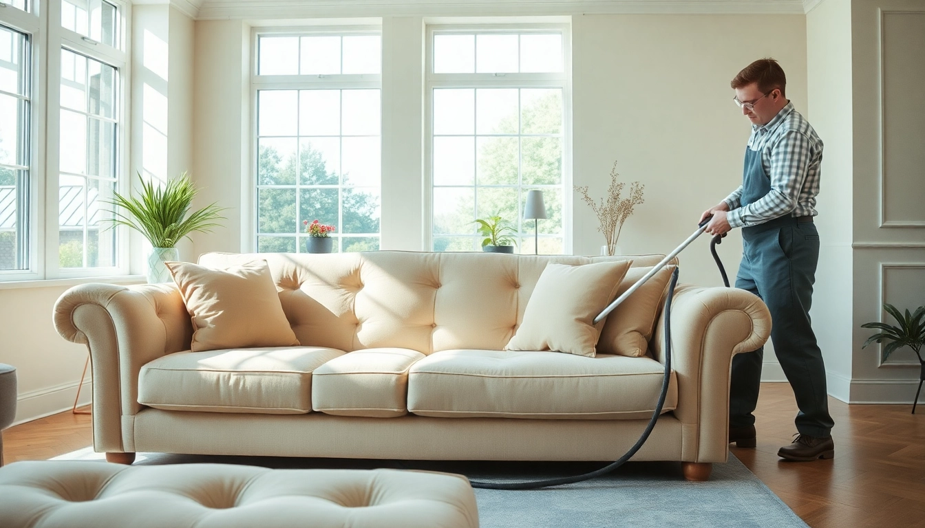 Sofa cleaning in Glasgow performed by a technician in a bright living room.