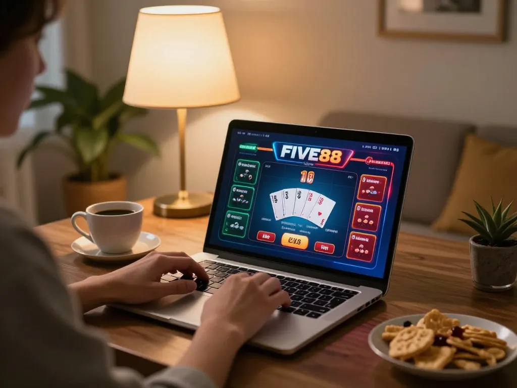 Engaging gameplay action at FIVE88 casino with poker interface displayed on laptop.
