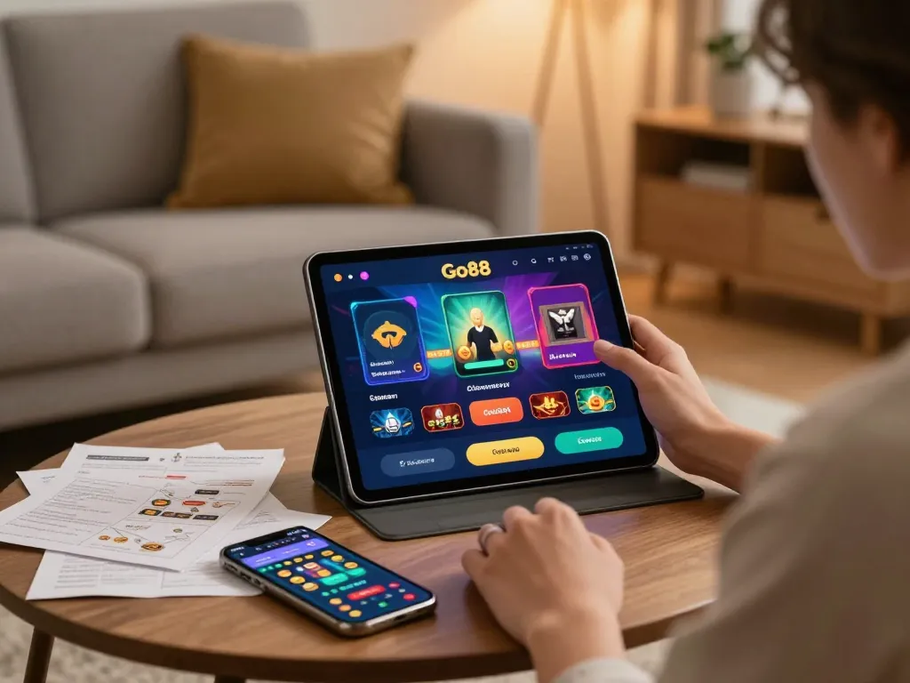 Engaging in online gaming with Go88 on a tablet in a cozy home setting.