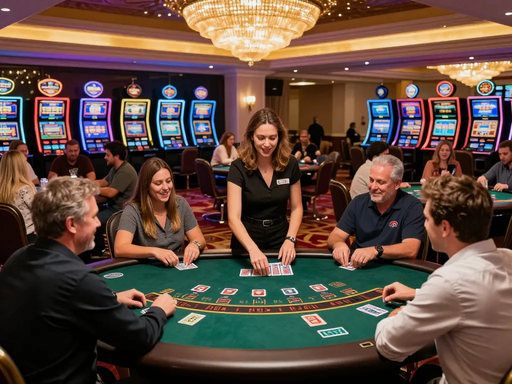 Engaged players at F88BET blackjack table in upscale casino, showcasing strategy and excitement.