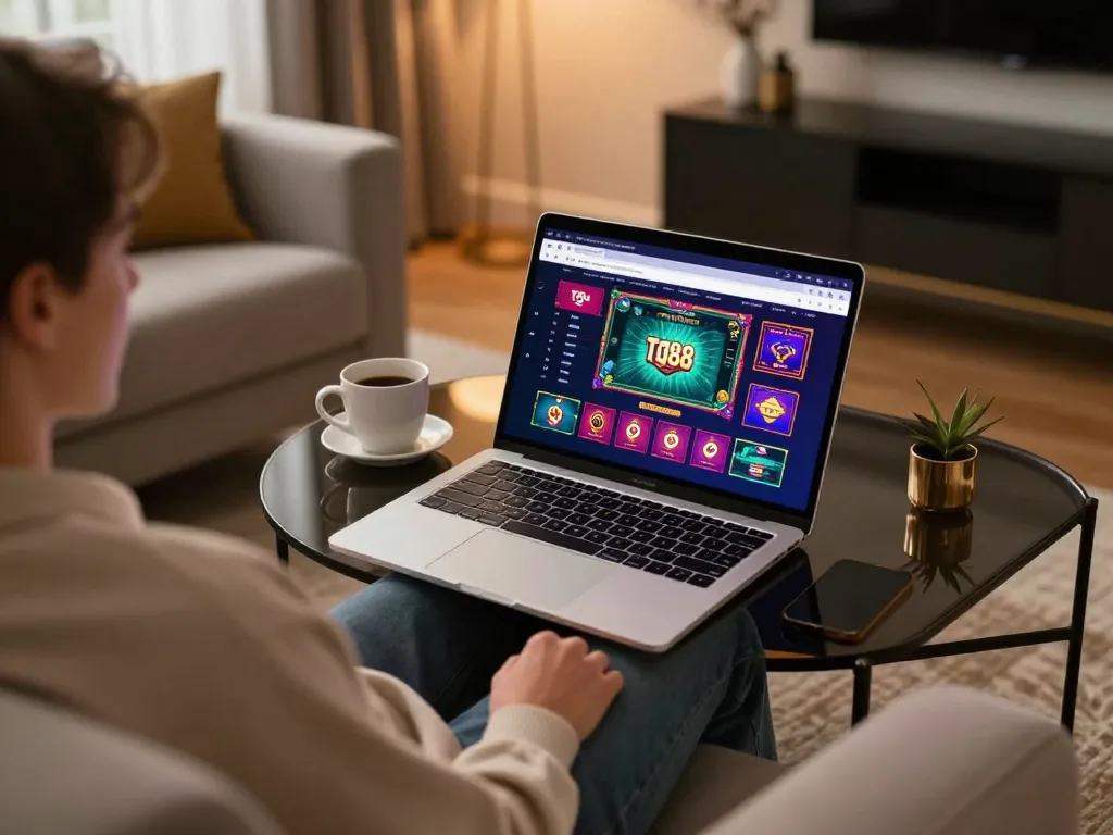 Engage in thrilling gameplay on tg88 with a cozy home setup featuring vibrant casino graphics.