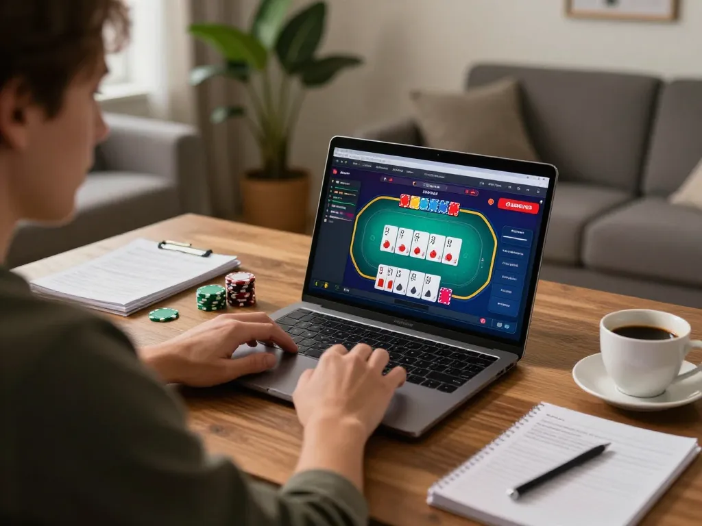 Engaging poker gameplay on a laptop at home with TG88, highlighting online casino strategy and focused atmosphere