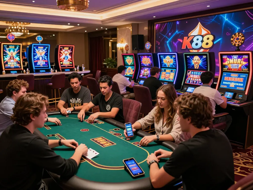 K88 online casino scene with players enjoying diverse games in a vibrant virtual environment