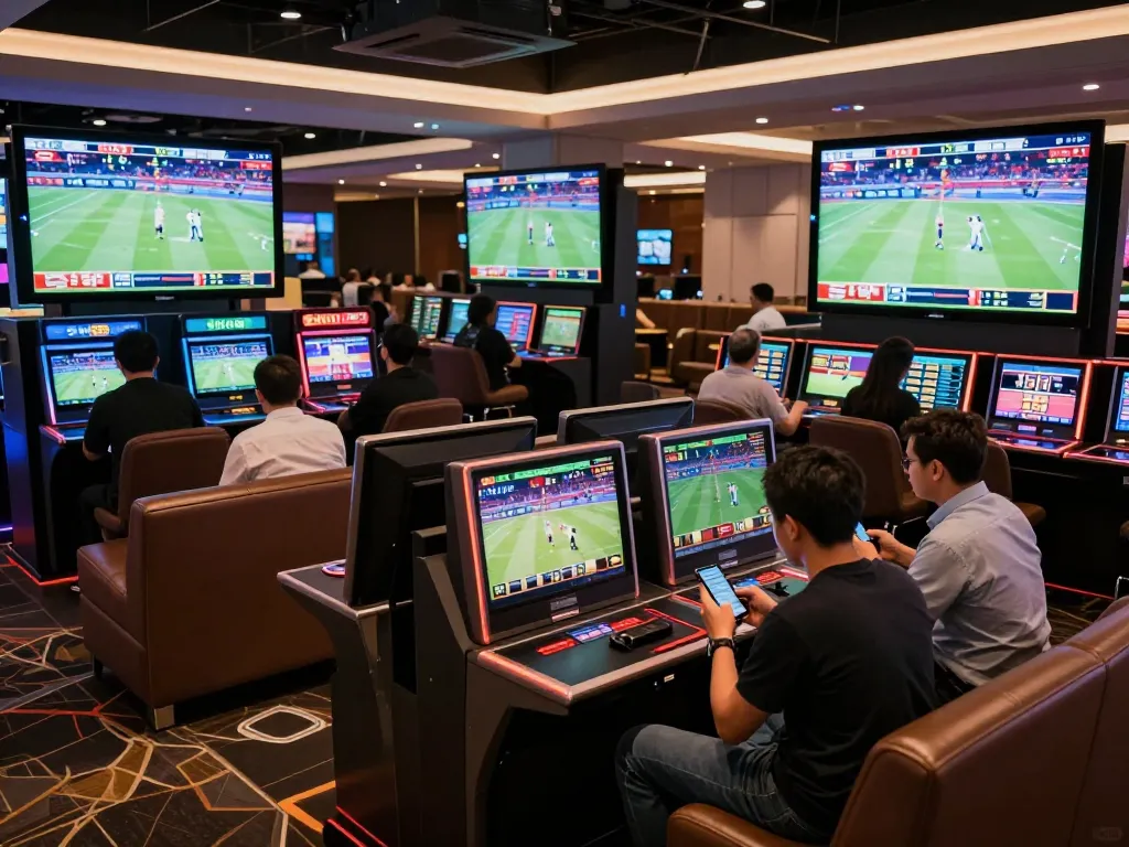 Betting at 8live casino with excited players analyzing odds on smartphones