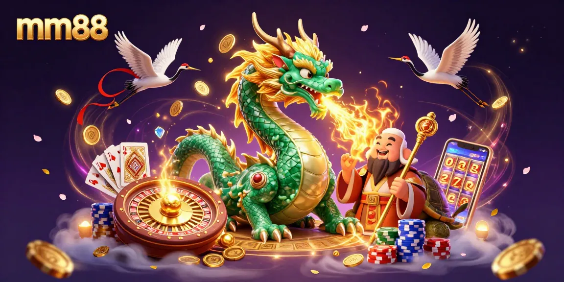 mm88 showcases a vibrant casino scene with a dragon, turtle sage, and flying cranes amidst golden coins and casino elements.