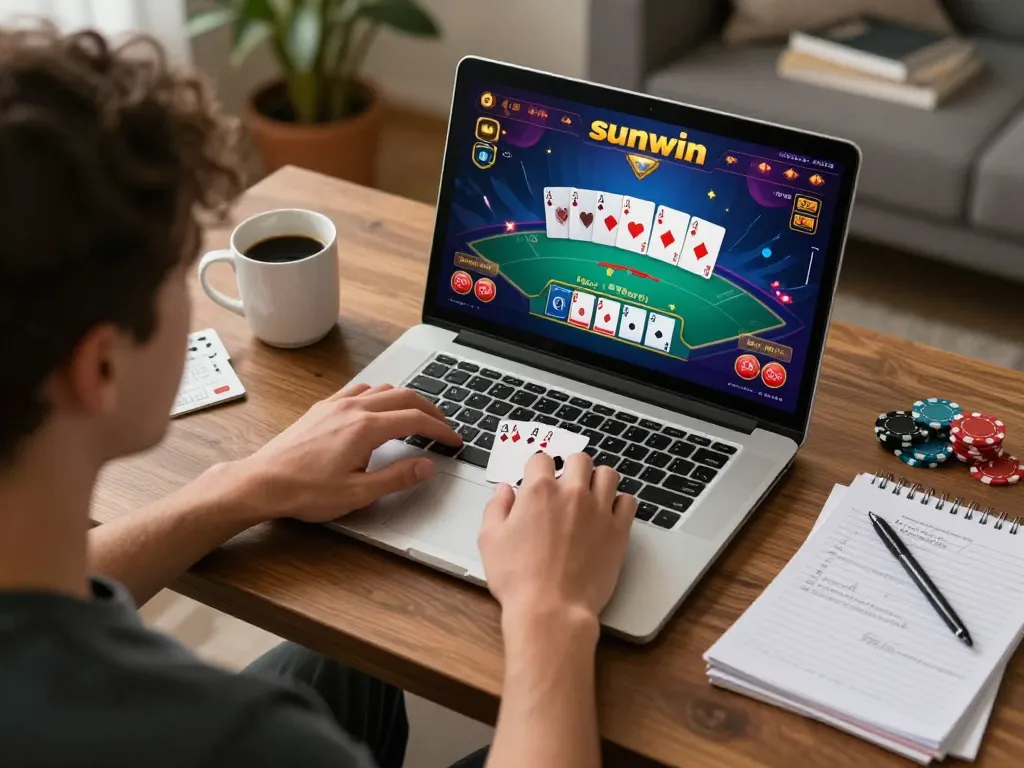Engaging gaming session on sunwin with player strategically managing blackjack cards at home.