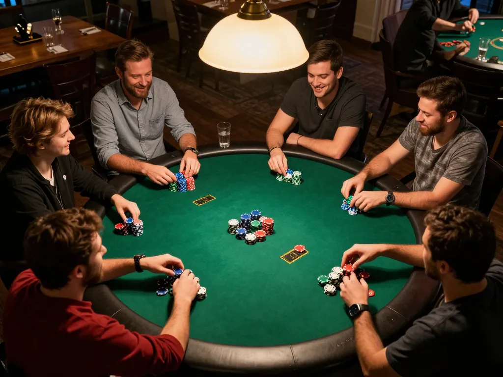 Friends playing a strategic poker game at home, showcasing a lively atmosphere with DA88 chips and cards visible.
